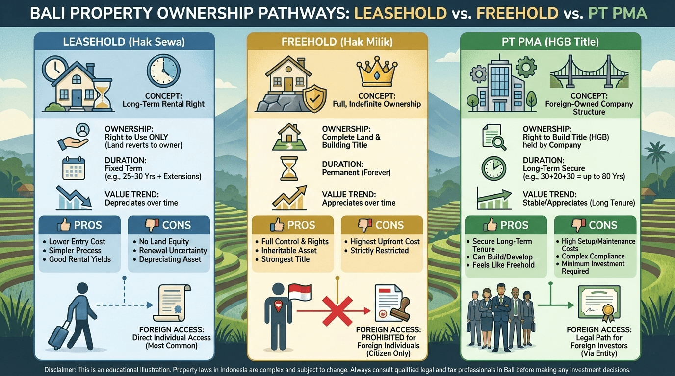 Leasehold vs Freehold vs PT PMA in Bali 2026: Which Structure Actually Works for Foreign Investors?